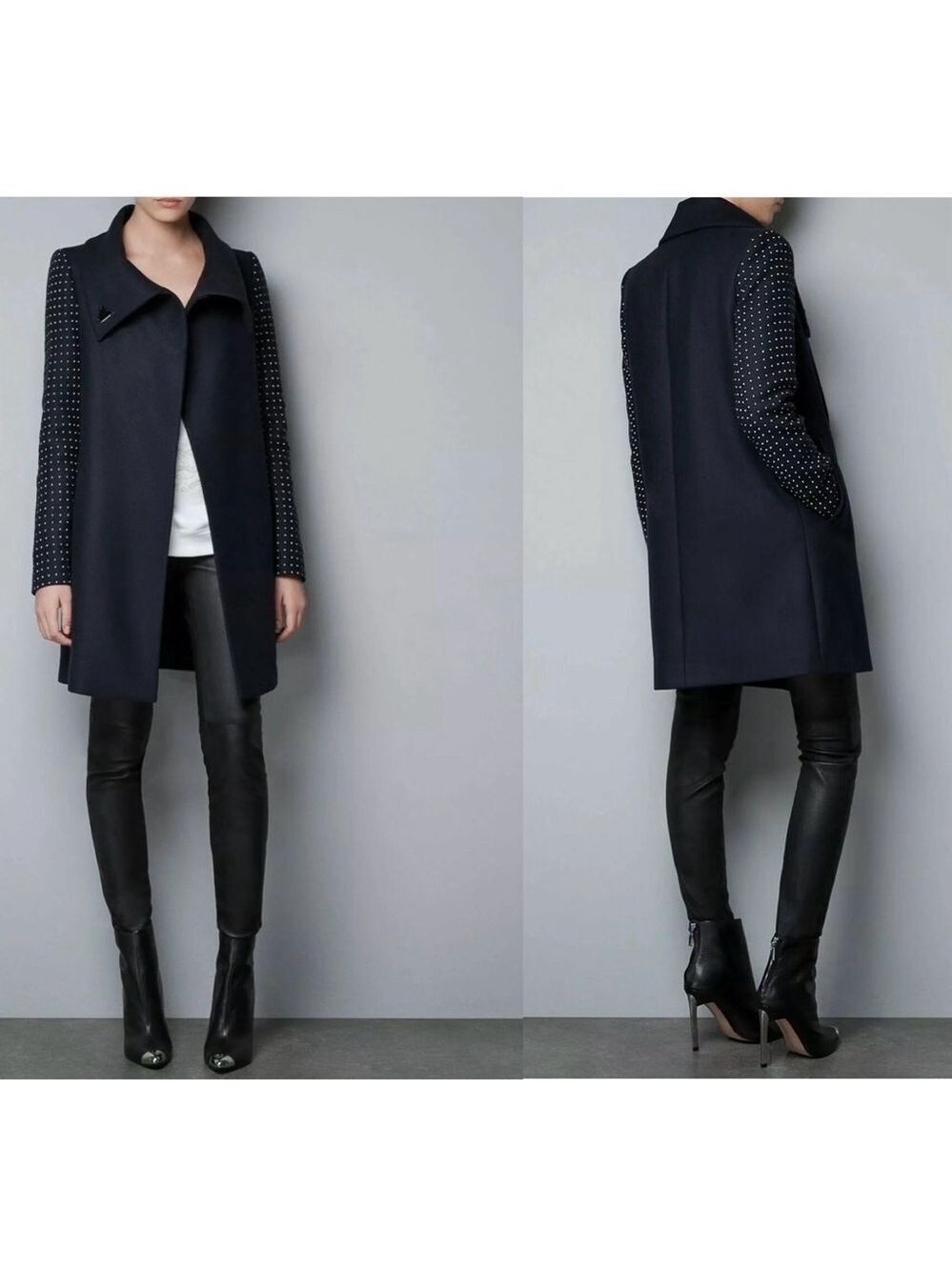 ZARA RARE COAT NAVY BLUE STUDDED APPLIQUE SLEEVE WOOL WINTER BLAZER JACKET Sz S